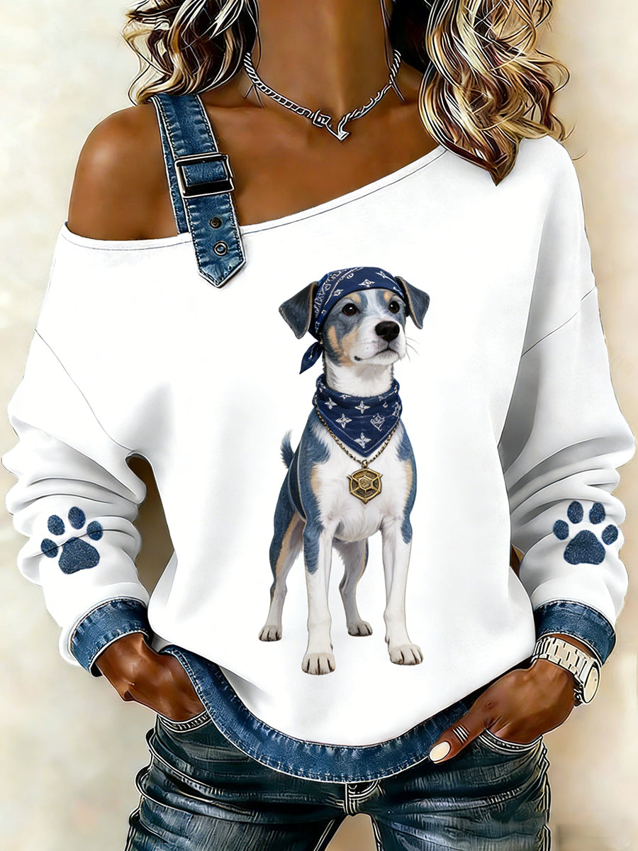 Animal bonito impressão Denim Patchwork Top confortável das mulheres
