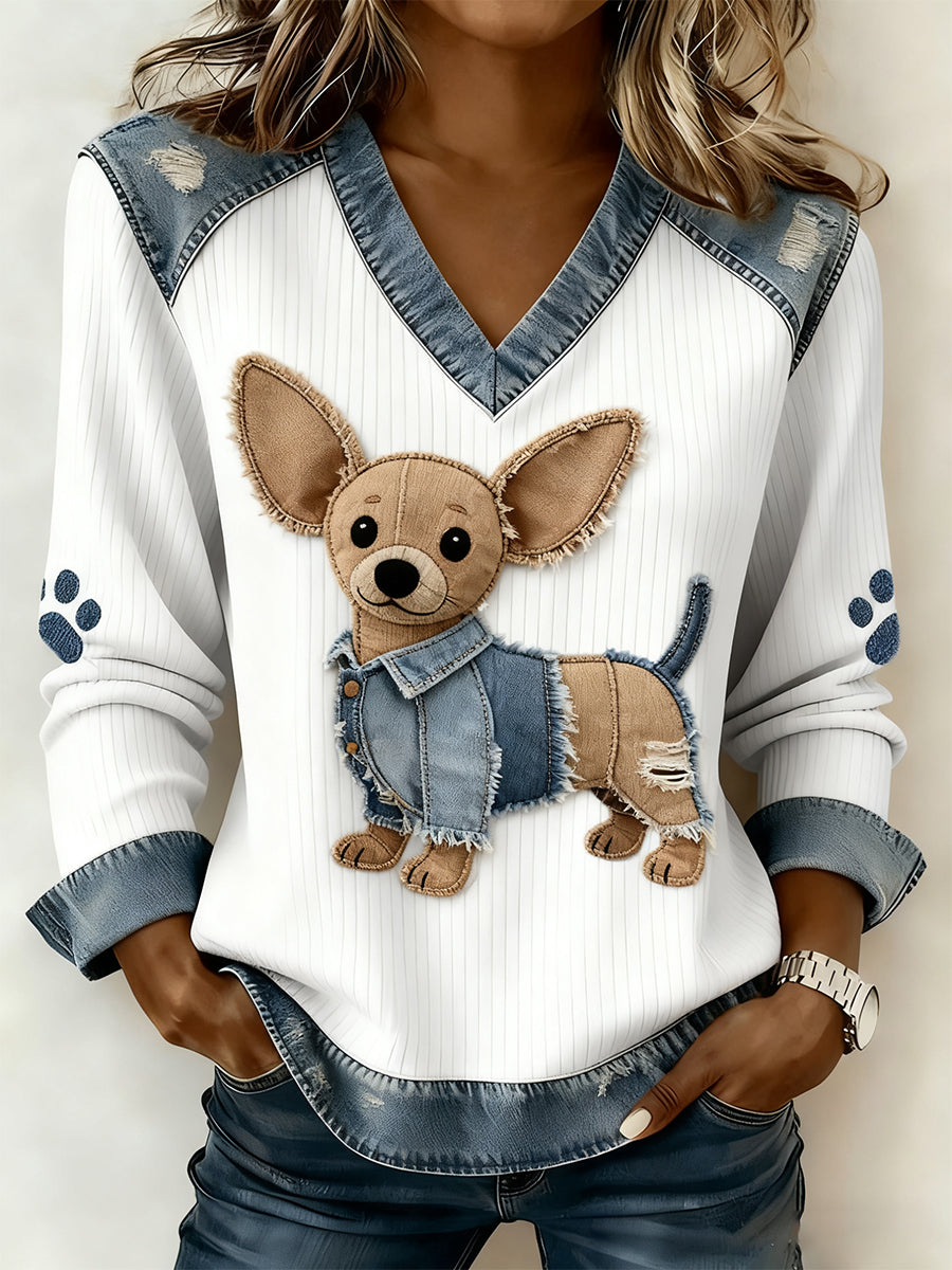 Vintage Denim Patchwork Top feminino com Animal Art Print, casual e confortável