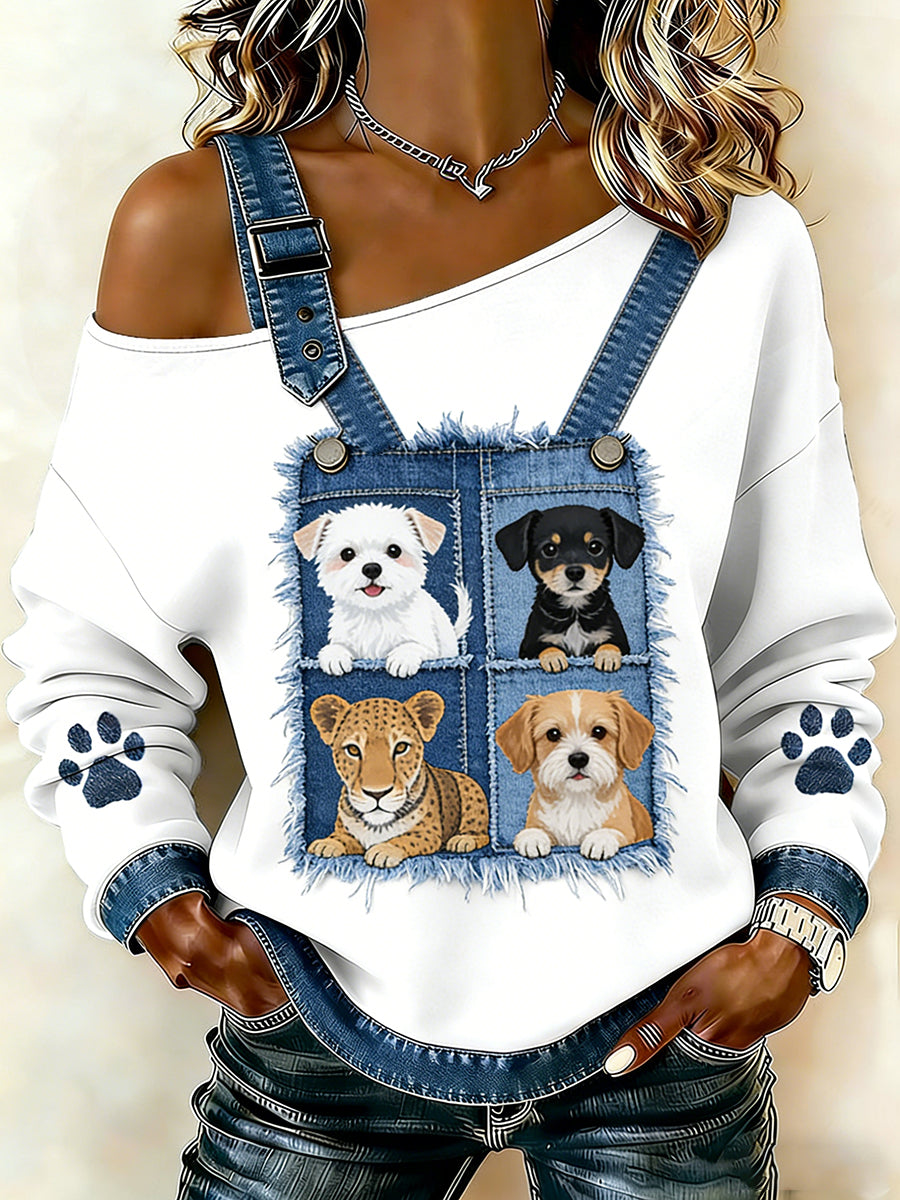 Animal bonito impressão Denim Patchwork Top confortável das mulheres