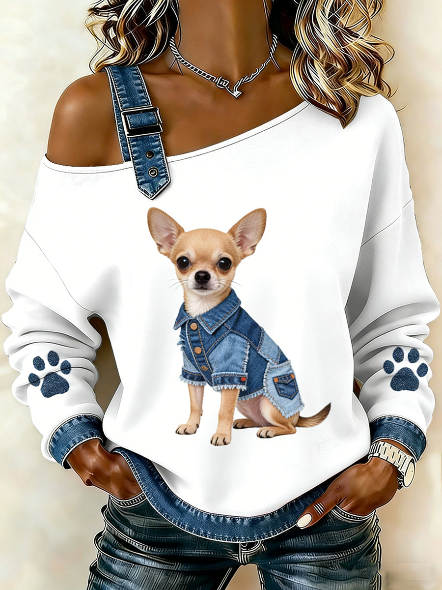 Animal bonito impressão Denim Patchwork Top confortável das mulheres