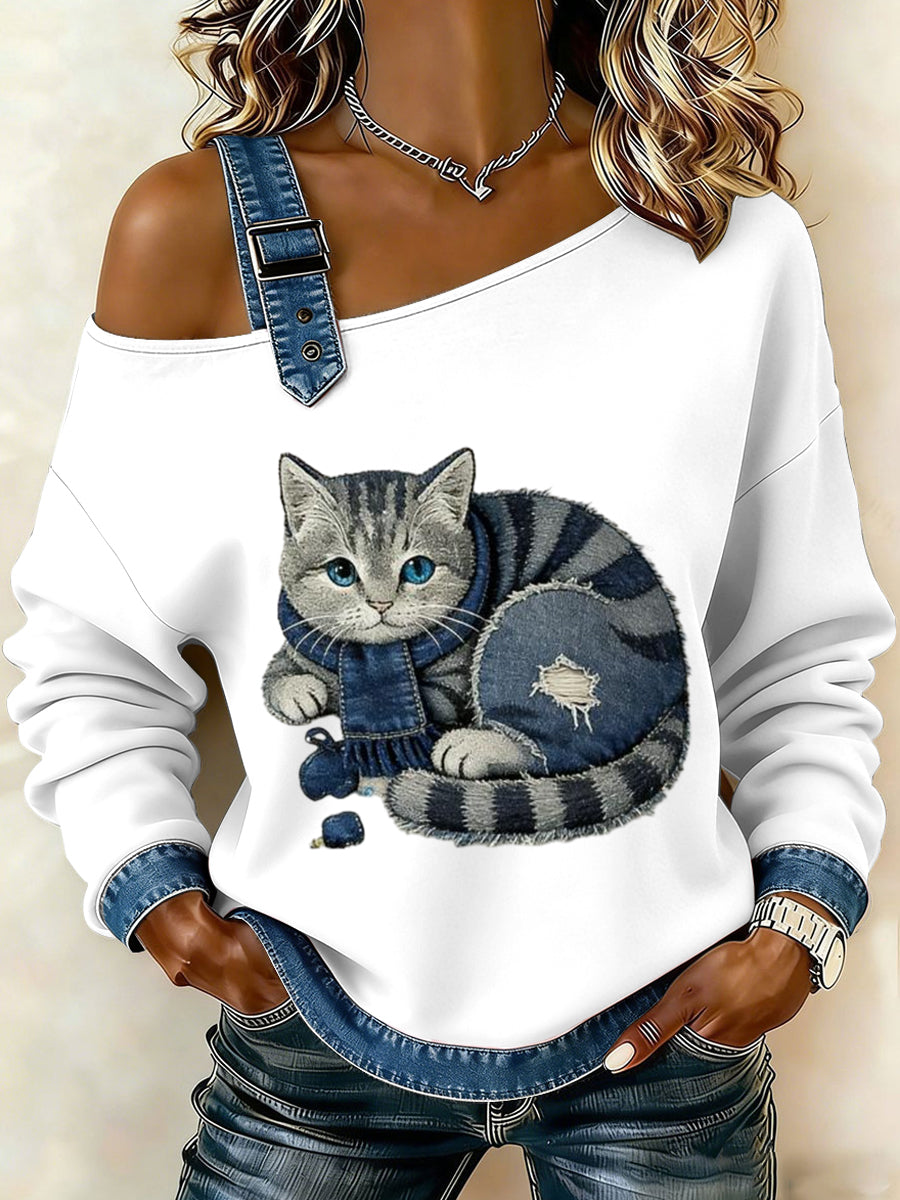 Gato retro bonito cachecol arte Casual Off-a-ombro Design manga comprida camisola feminino