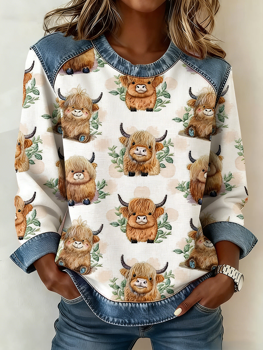 Highland vaca Denim Patchwork Top das mulheres