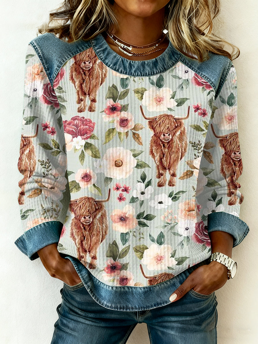 Highland vaca Denim Patchwork Top das mulheres