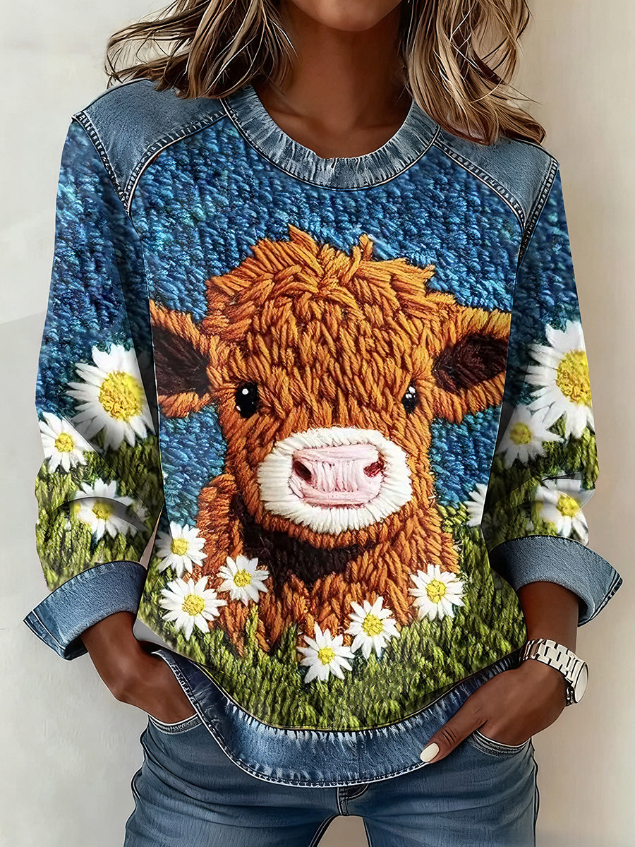 Highland vaca Denim Patchwork Top das mulheres