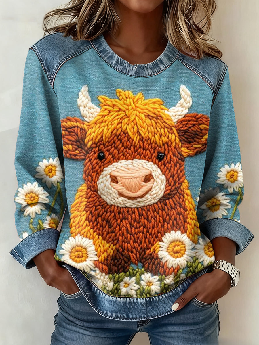 Highland vaca Denim Patchwork Top das mulheres