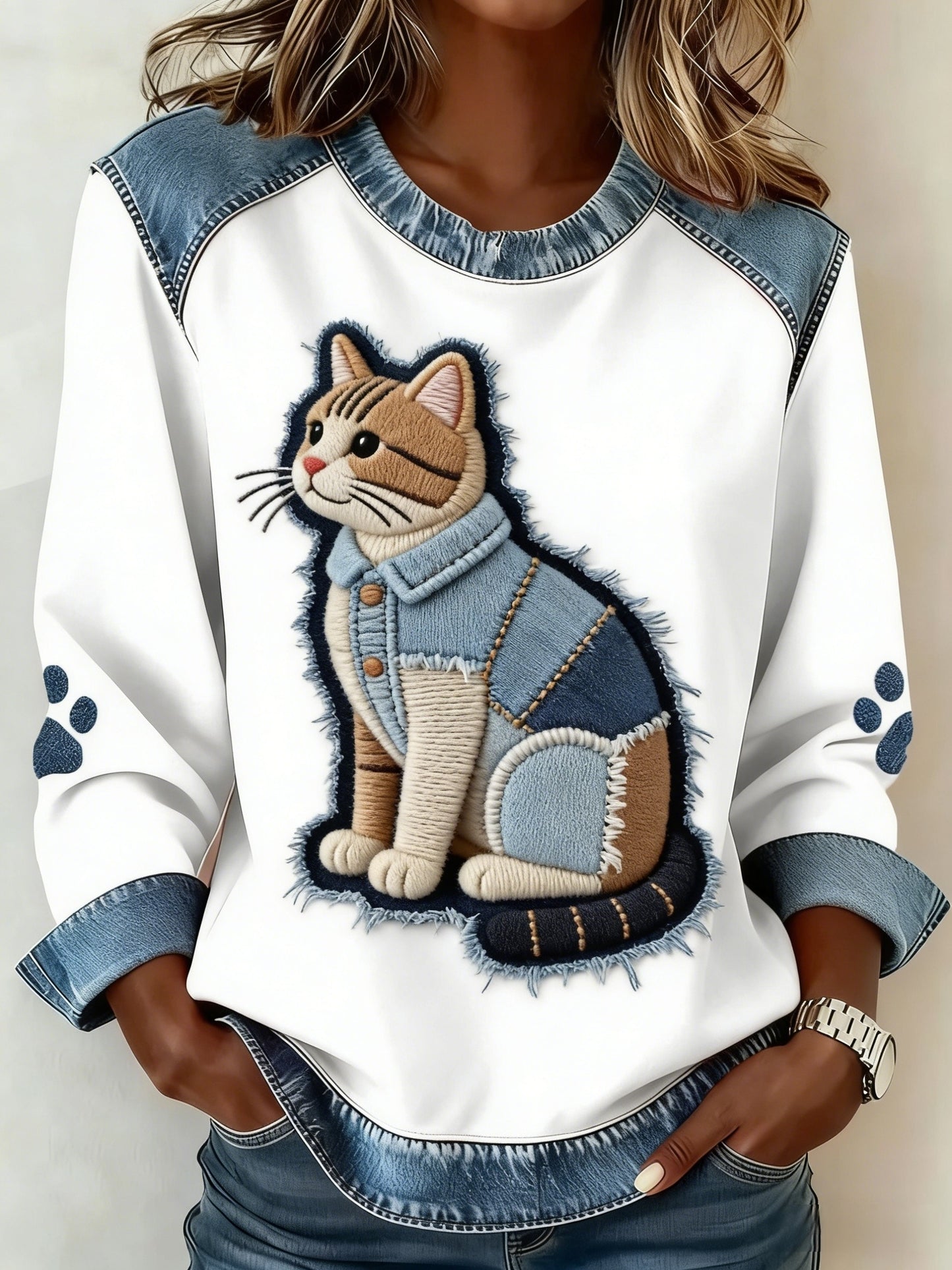 Gato Animal bonito patchwork Denim arte moletom confortável das mulheres