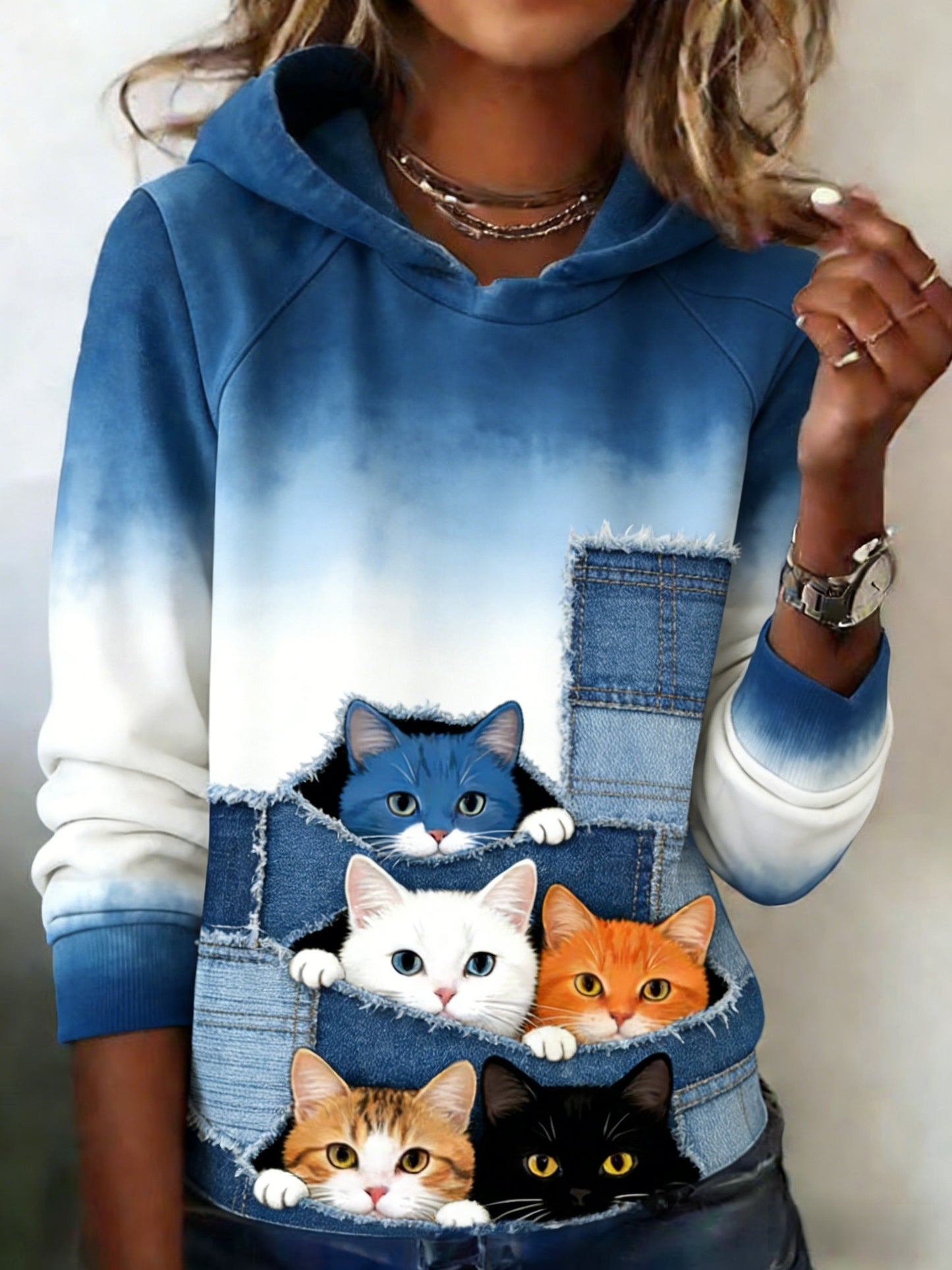 Animal bonito gatos Peek-a-Boo Patchwork Denim Art moletom com capuz confortável feminino