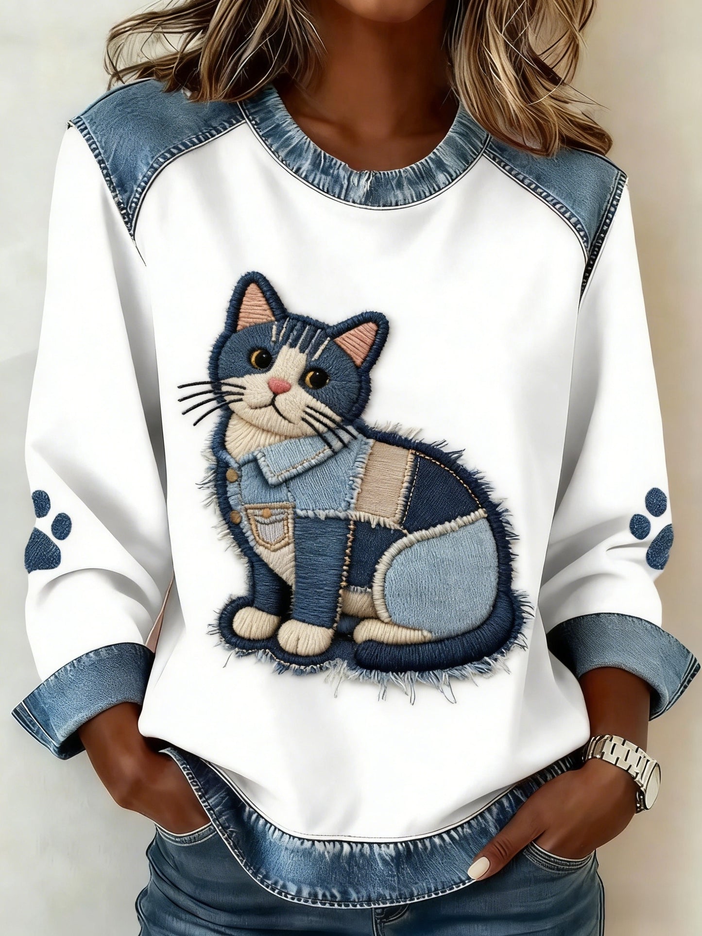 Gato Animal bonito patchwork Denim arte moletom confortável das mulheres