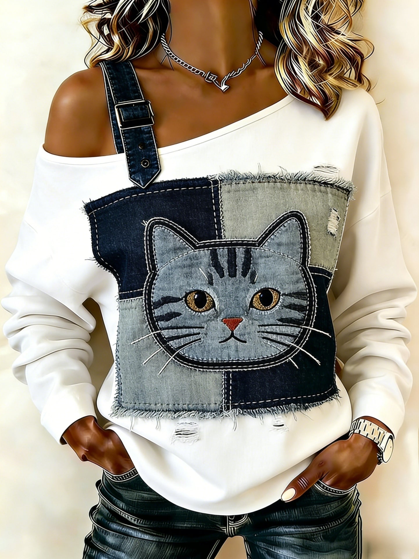 Gato Animal Retro Denim Arte Casual Off-a-ombro Design Top de manga comprida feminino