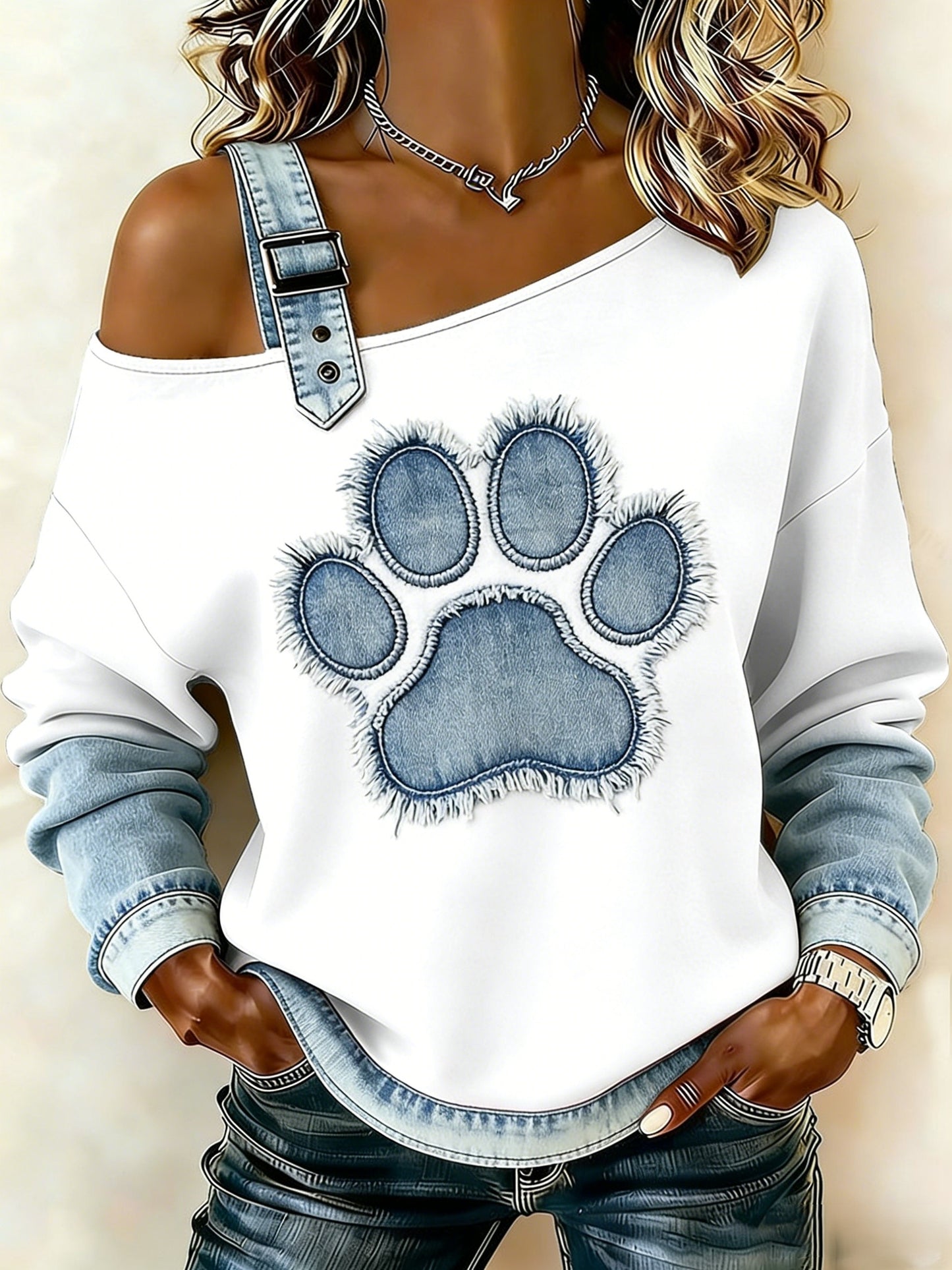 Gato Animal Retro Denim Arte Casual Off-a-ombro Design Top de manga comprida feminino