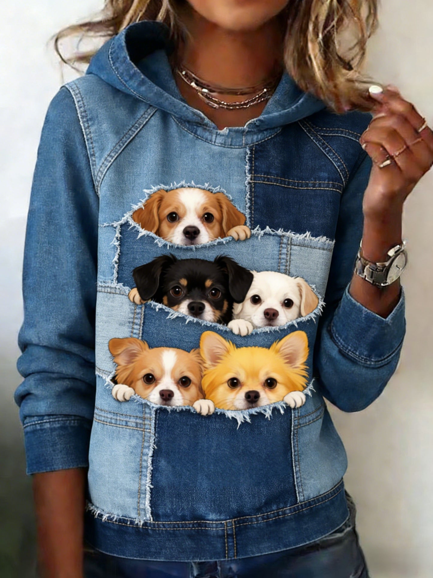 Retro Animal cães das mulheres espreitar Cowboy Patchwork arte Casual moletom com capuz