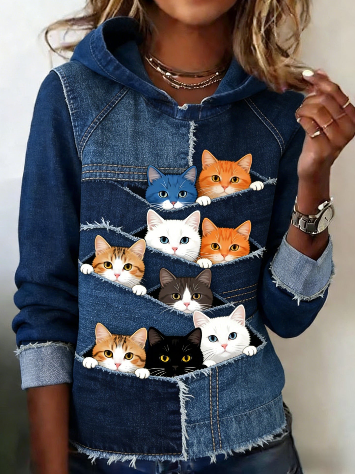 Retro Animal Print gato-rosto feminino Denim Patchwork arte casual moletom com capuz