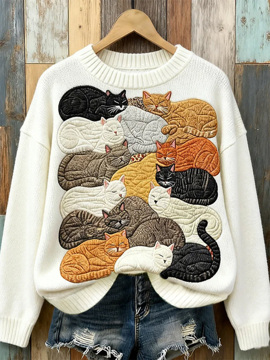Camisola de pescoço bonito gato arte tripulação feminino
