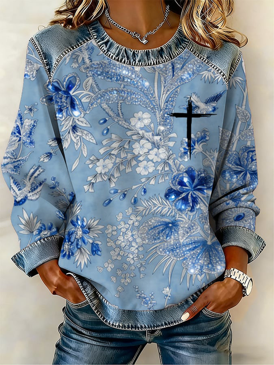 Cruz flores das mulheres Denim Patchwork Top