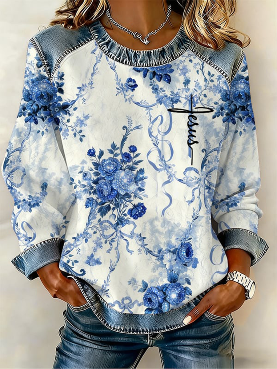 Cruz flores das mulheres Denim Patchwork Top