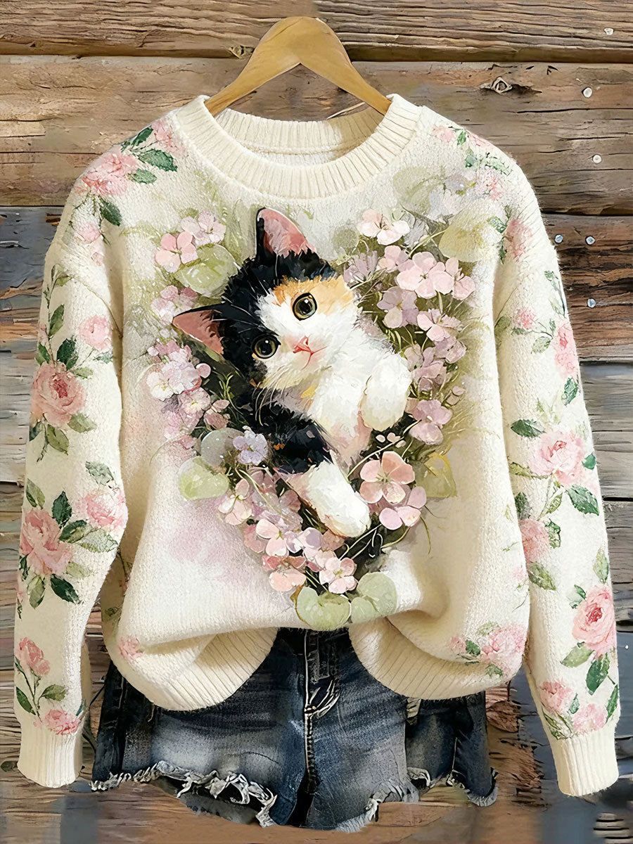 Tops de impressão floral gato feminino