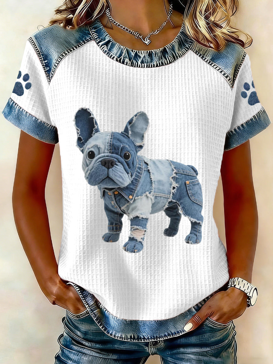 Adorável buldogue francês padrão Denim Patchwork Top das mulheres