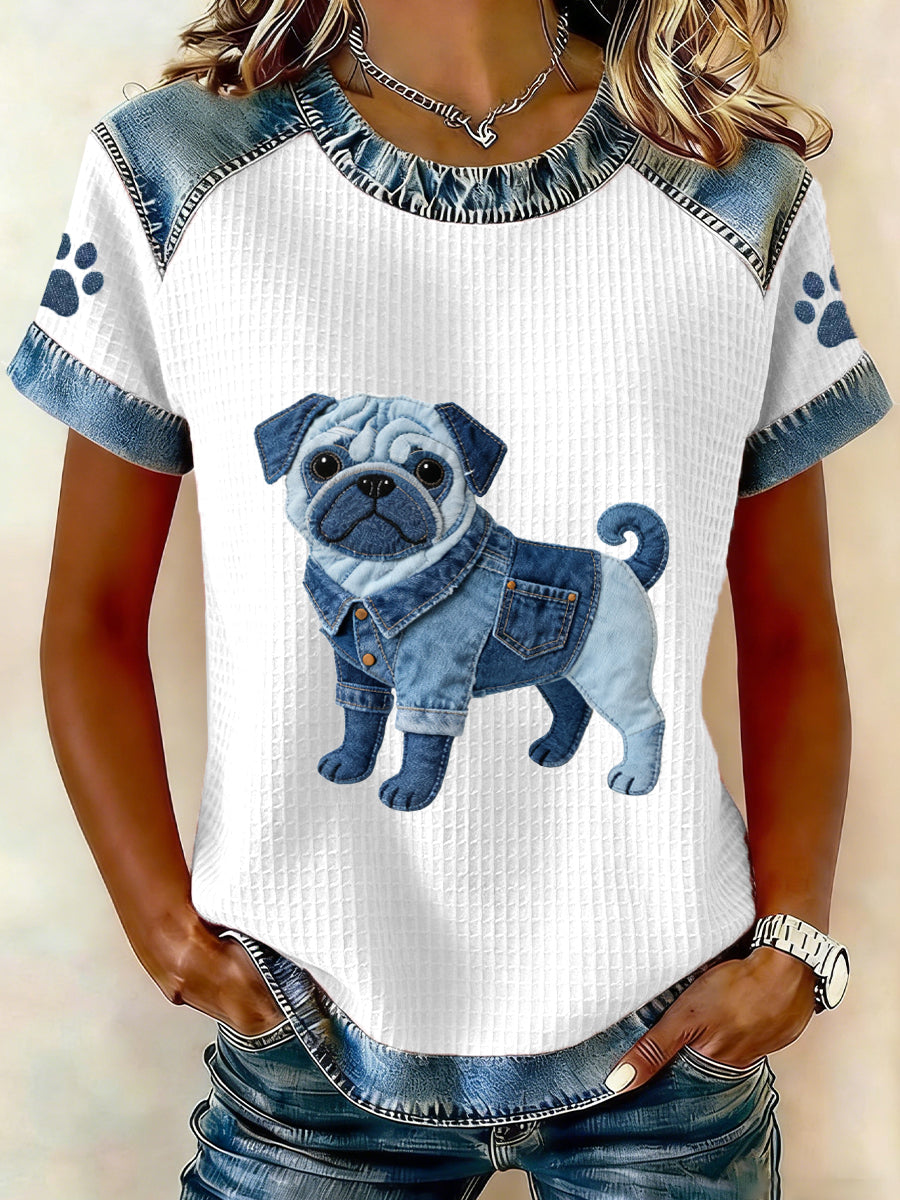 Adorável Pug padrão Denim Patchwork Top das mulheres