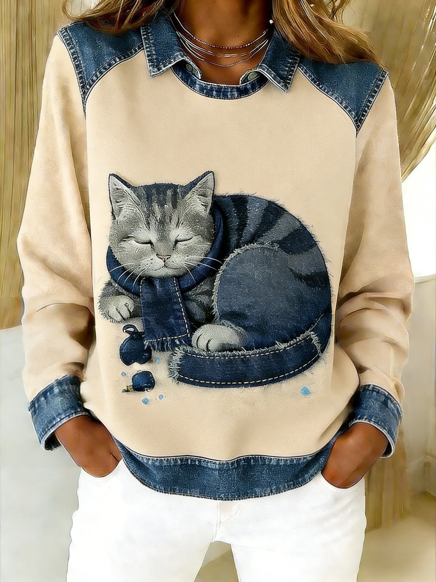 Retro Bonito Animal Lenço Gato Denim Patchwork Arte Impresso Casual Loose Long Sleeve Lapel Sweatshirt
