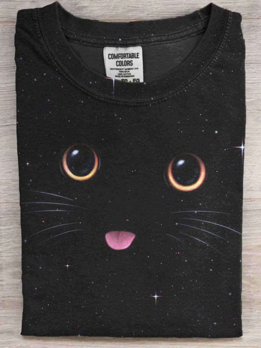 Abstrato céu estrelado gato impressão casual manga curta t-shirt