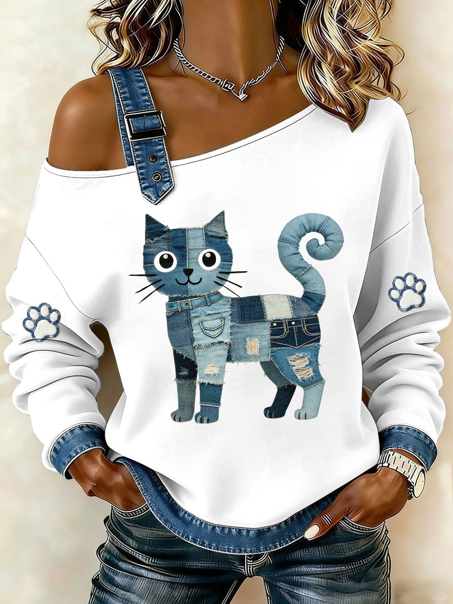 Denim gato feminino impresso moletom de ombro único