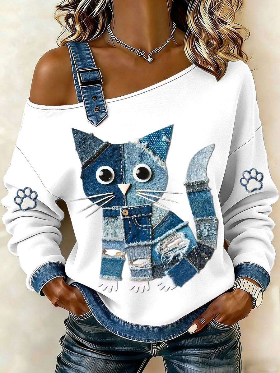 Denim gato feminino impresso moletom de ombro único
