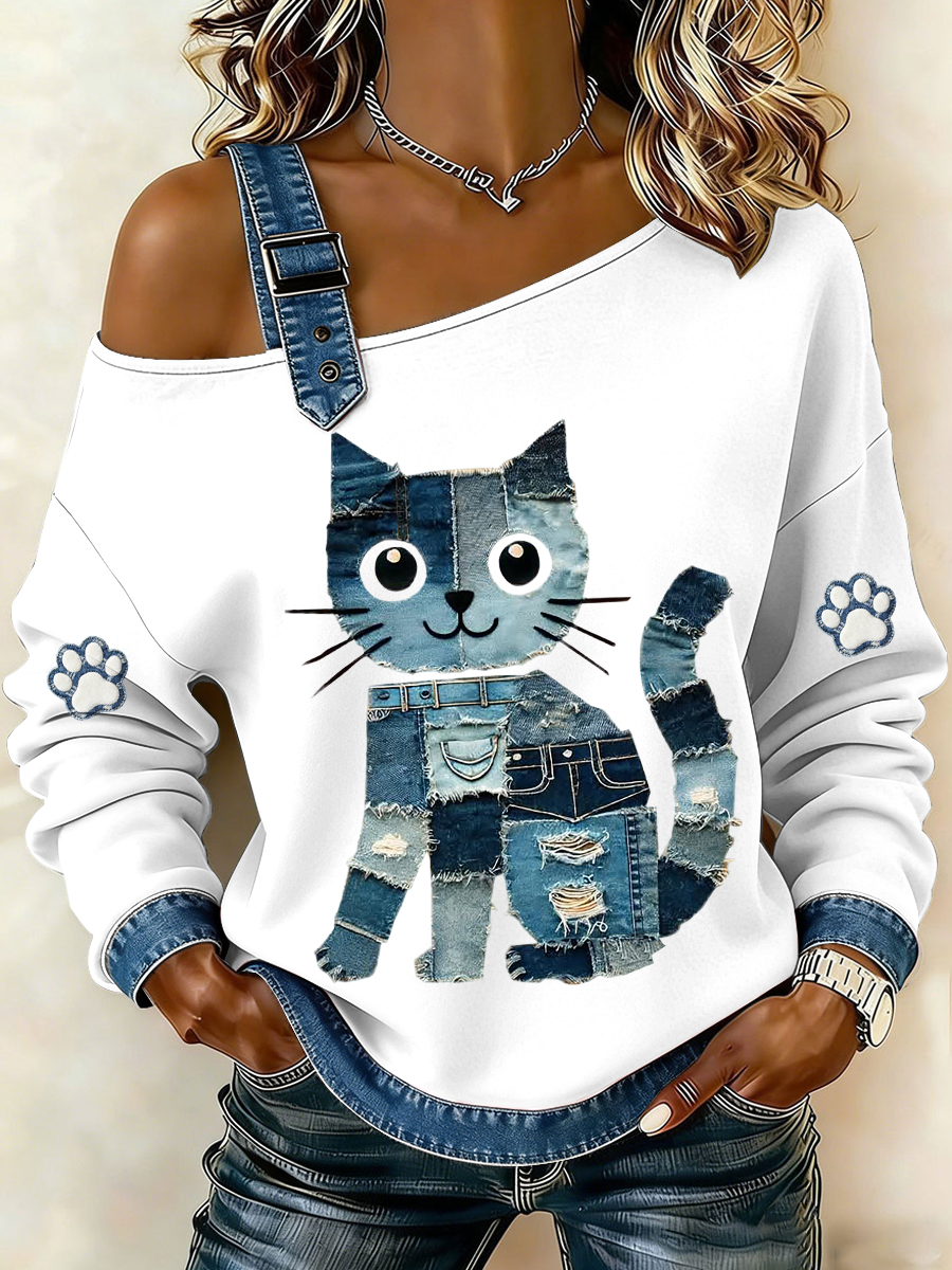 Denim gato feminino impresso moletom de ombro único