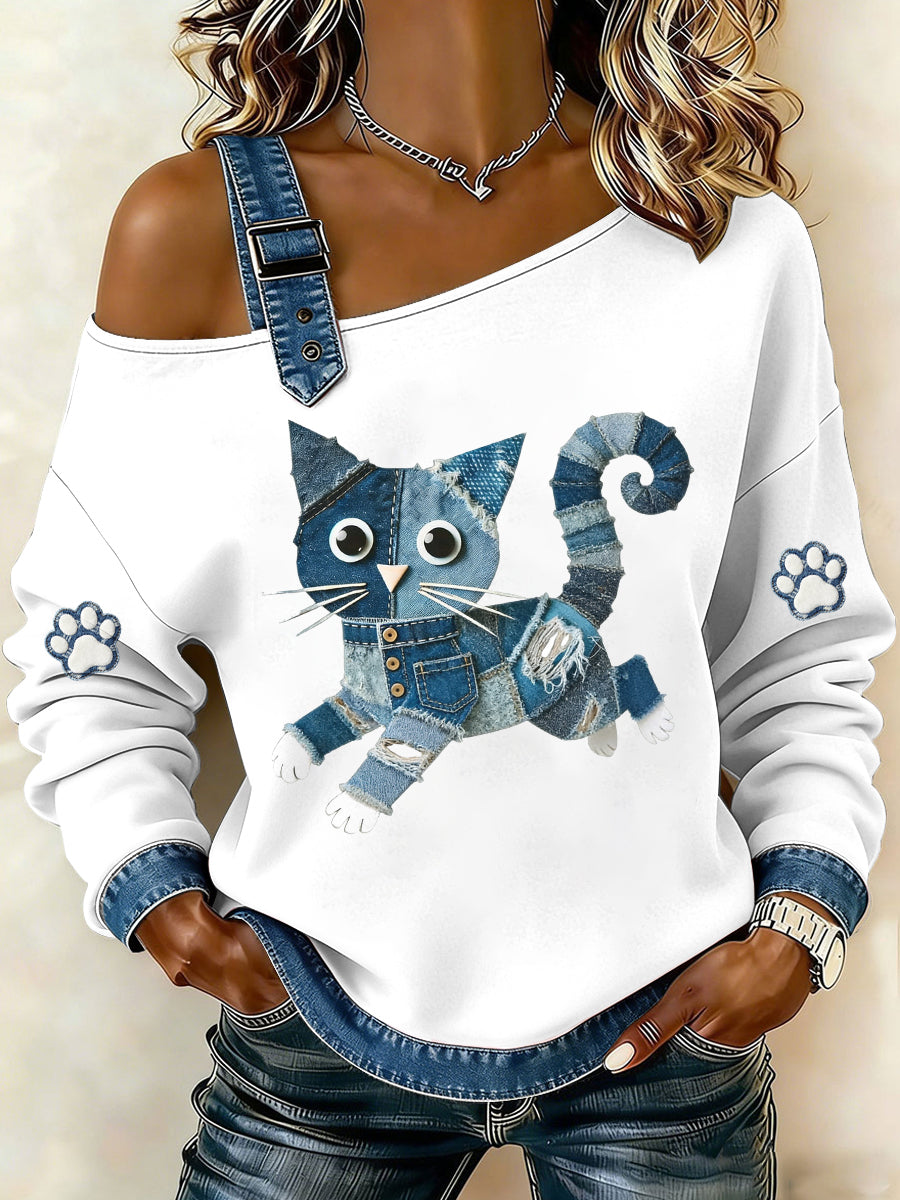 Denim gato feminino impresso moletom de ombro único
