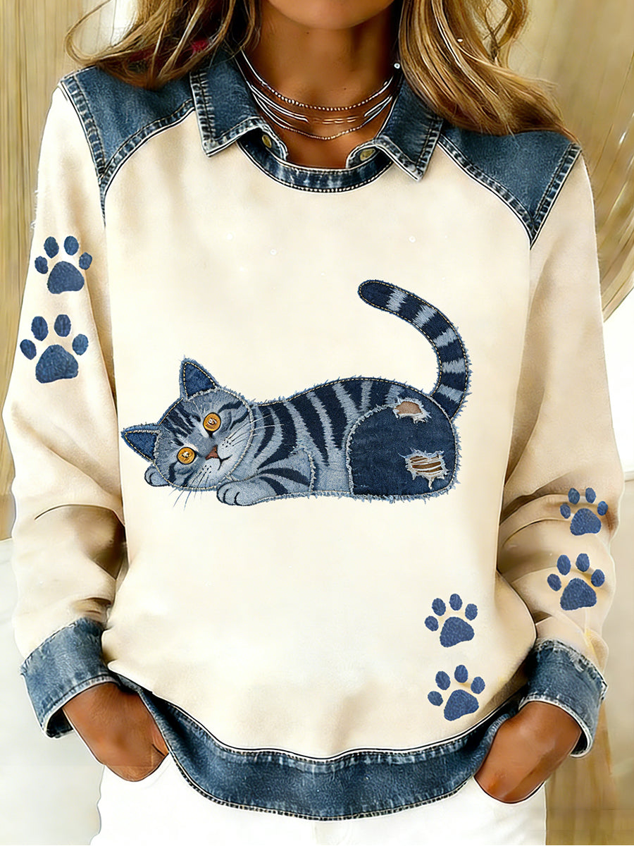 Vintage Denim Patchwork Top feminino com Animal Art Print, casual e confortável