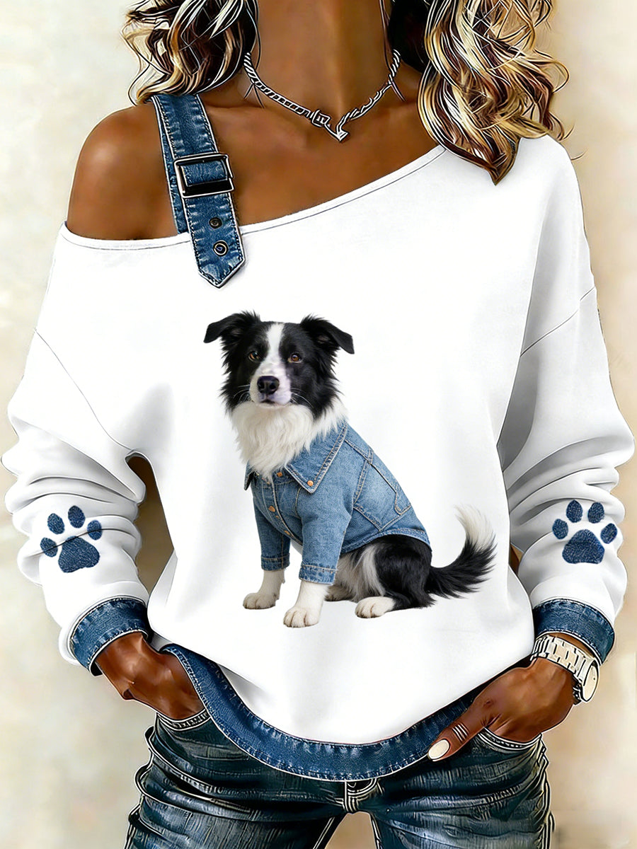 Animal bonito impressão Denim Patchwork Top confortável das mulheres