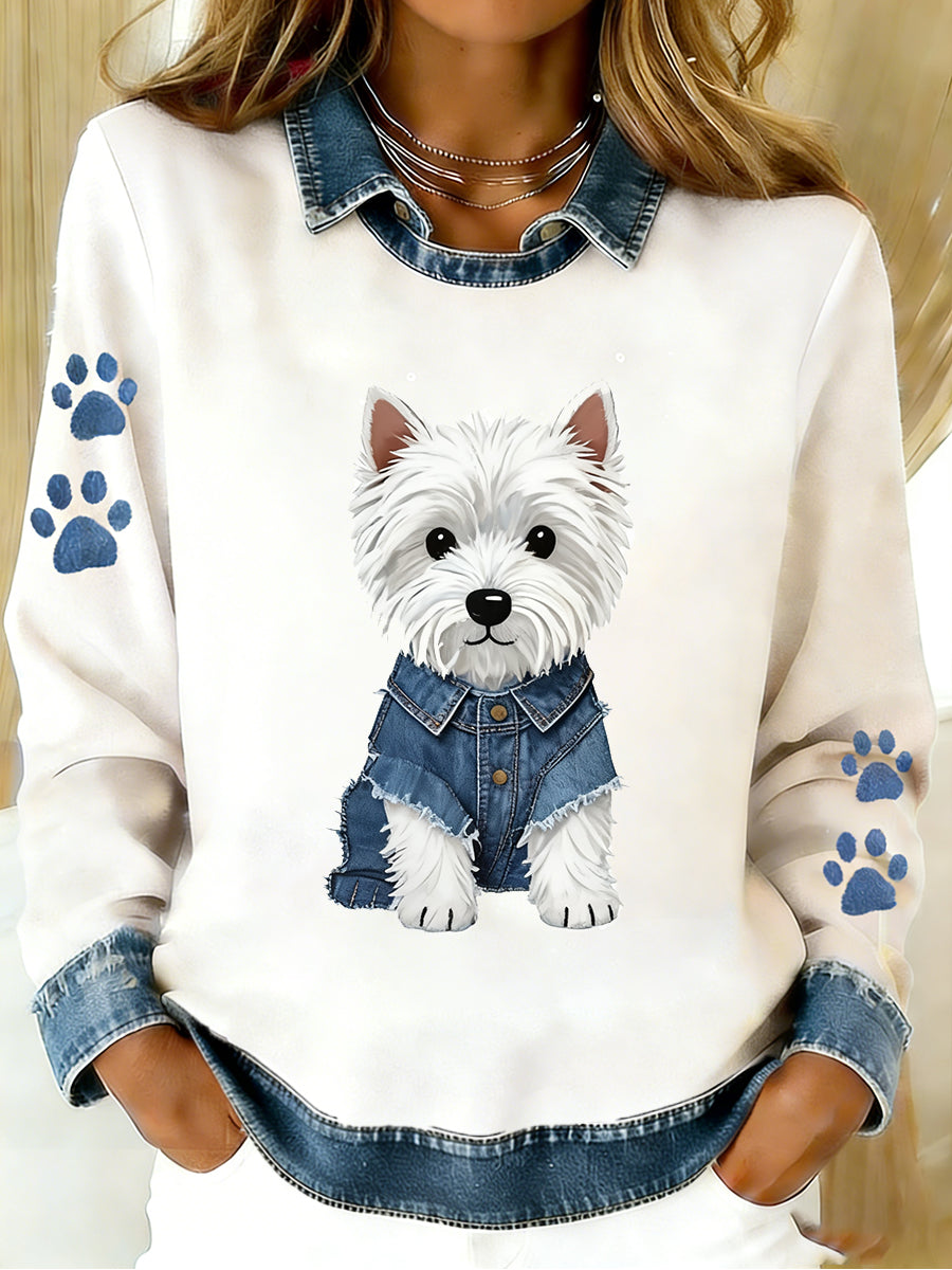 Vintage Denim Patchwork Top feminino com Animal Art Print, casual e confortável