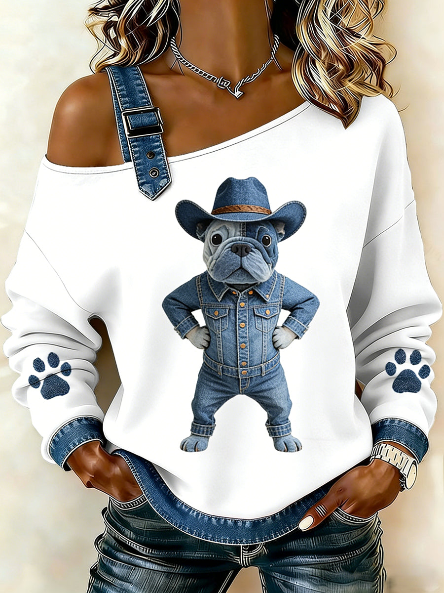 Animal bonito impressão Denim Patchwork Top confortável das mulheres