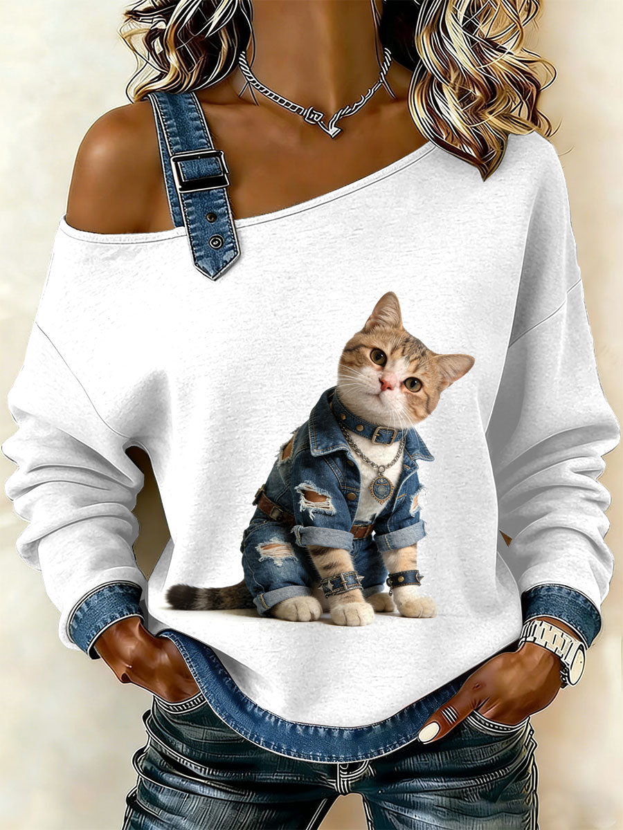 Gato Vintage Patchwork impressão Casual Off-ombro moletom feminino