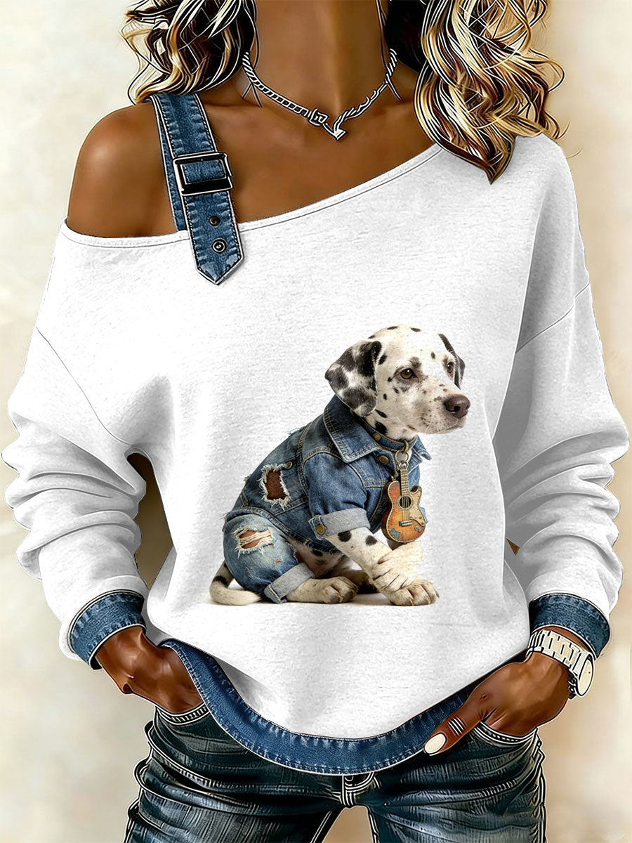 Patchwork do cão Vintage impressão Casual Off-ombro moletom feminino