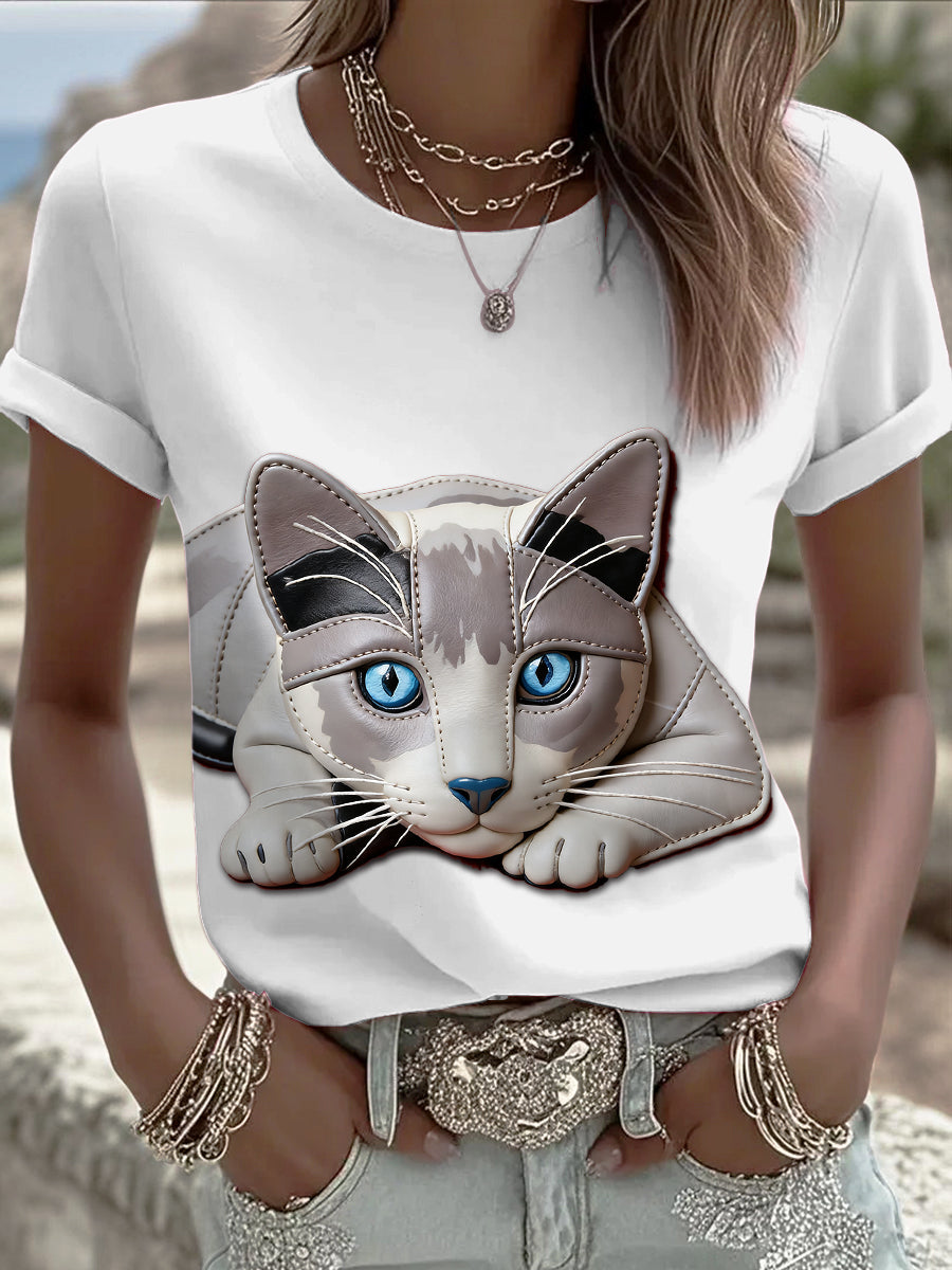 T-shirt bonito branco do gato 3D das mulheres impressão