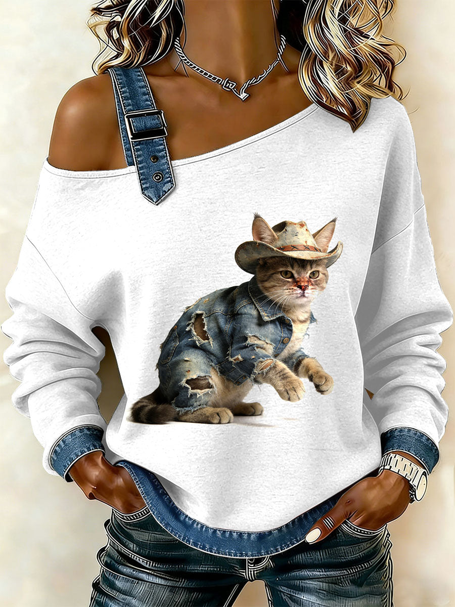 Gato Vintage Patchwork impressão Casual Off-ombro moletom feminino