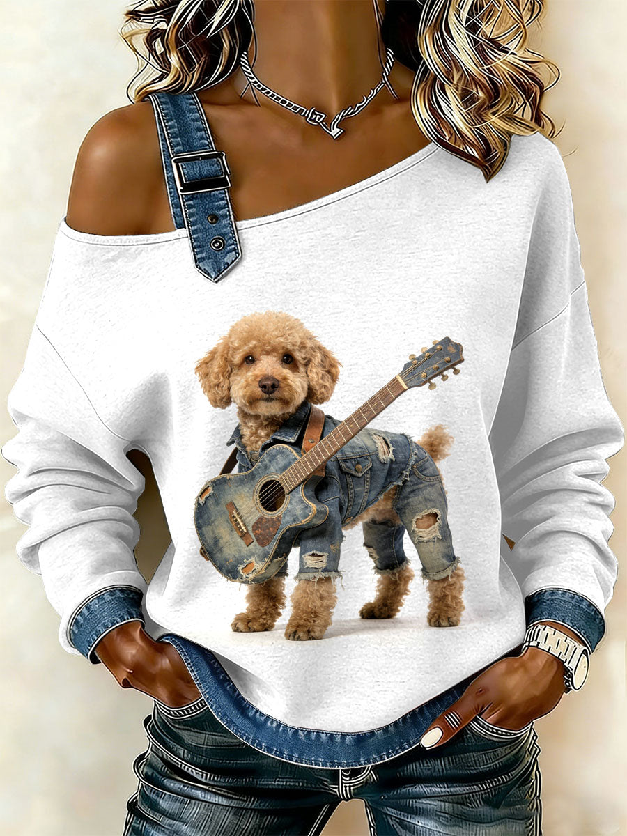 Patchwork do cão Vintage impressão Casual Off-ombro moletom feminino
