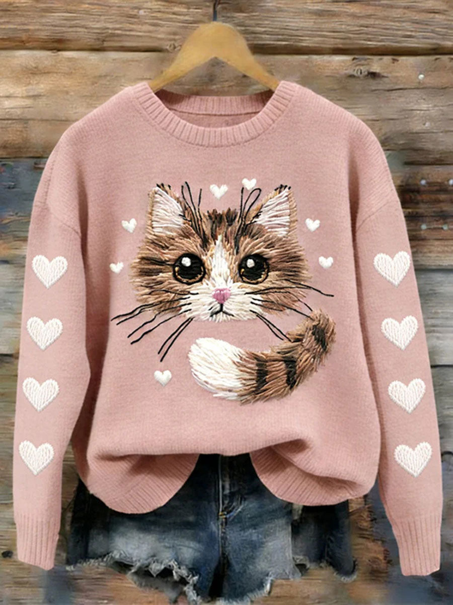 Camisola Casual da impressão arte do gato das mulheres