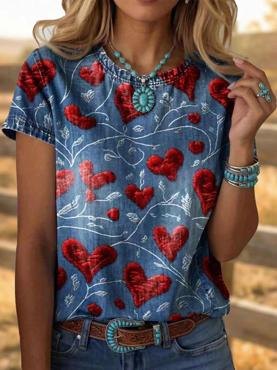 Corações das mulheres Imprimir T-shirt Casual