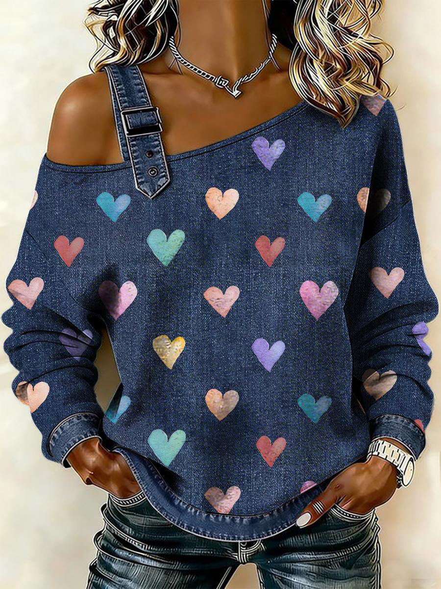 Corações coloridos das mulheres imprimir Casual camisola Top