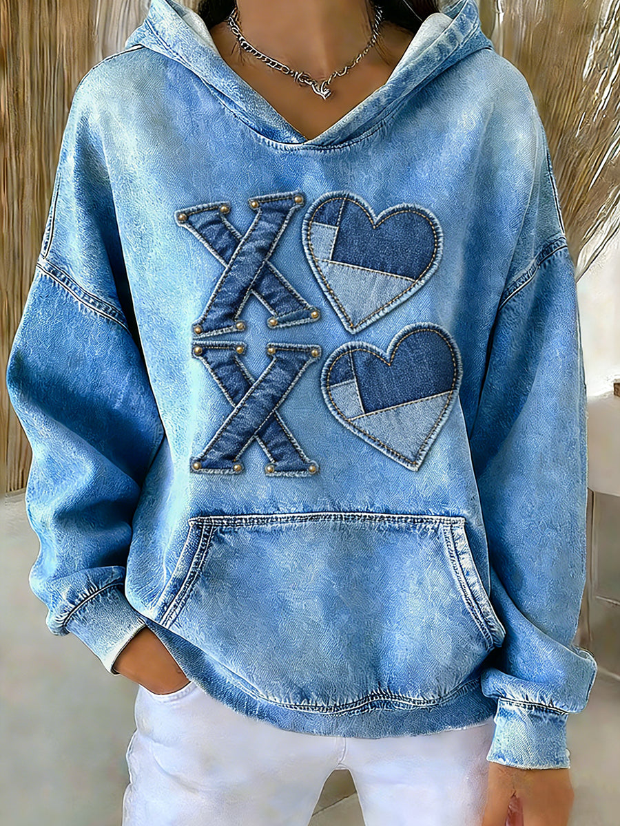 Coração Patchwork impressão Casual moletom com capuz feminino