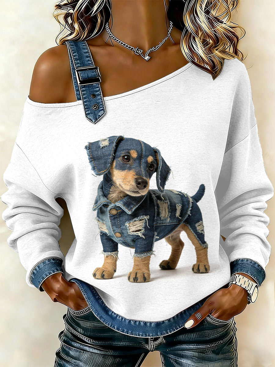Camisola Off-Shoulder Casual de cachorro Vintage feminino