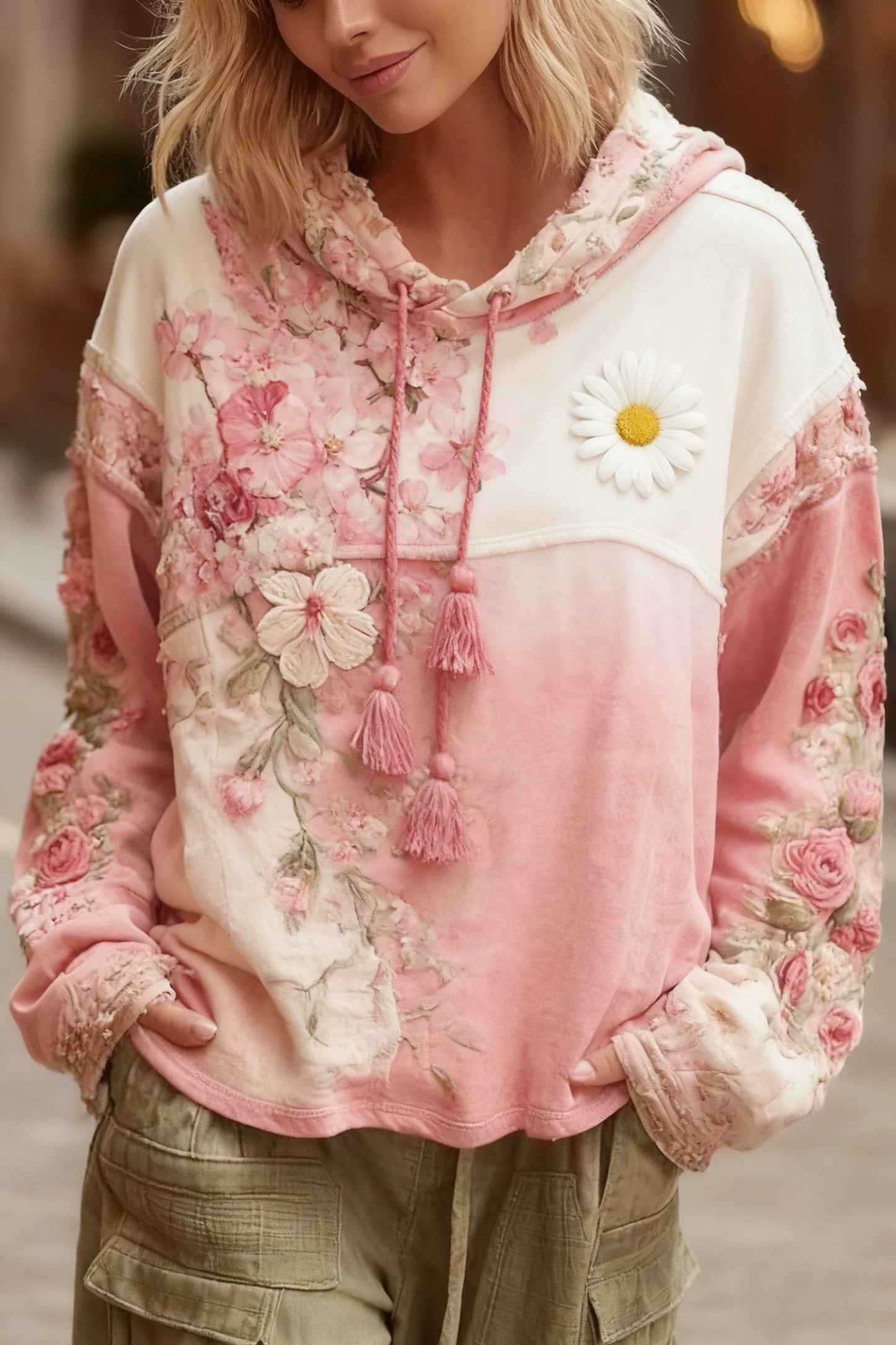 Prevenção Retro Do Câncer De Mama Patchwork Floral Impresso Moletom Com Capuz