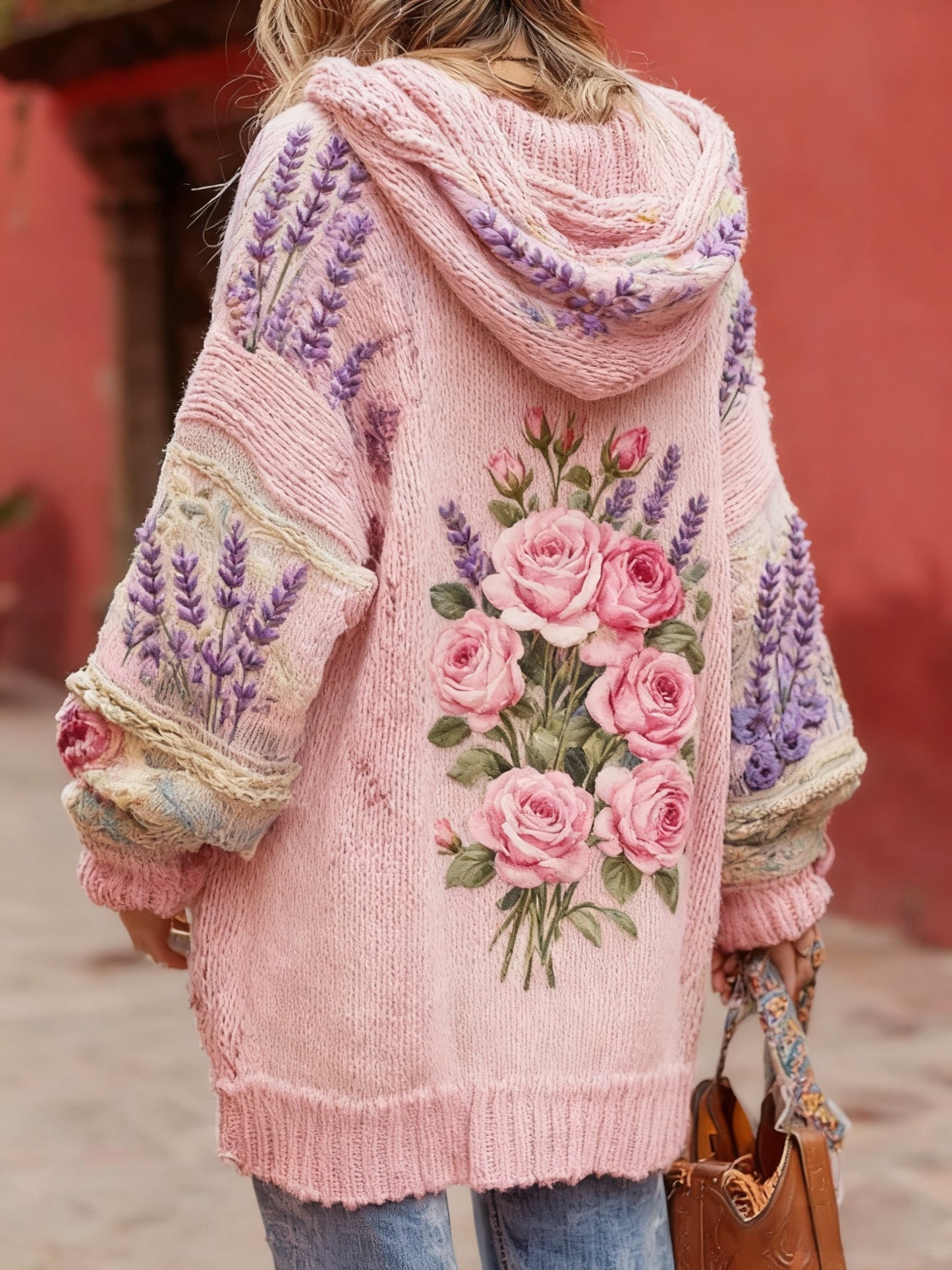 Retro mama câncer prevenção Floral impresso capuz cardigan