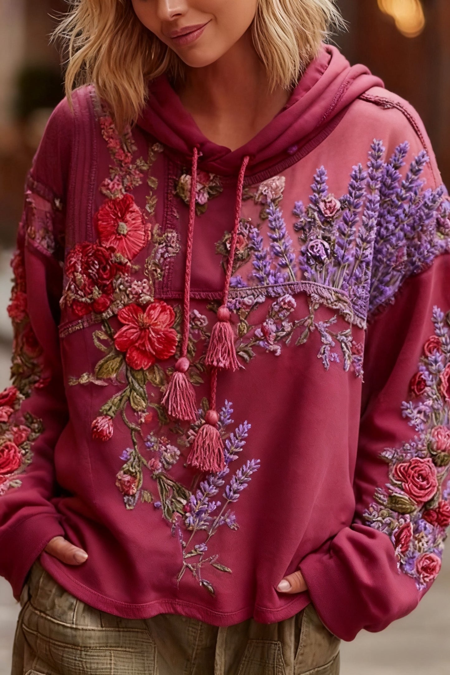 Prevenção Retro Do Câncer De Mama Patchwork Floral Impresso Moletom Com Capuz