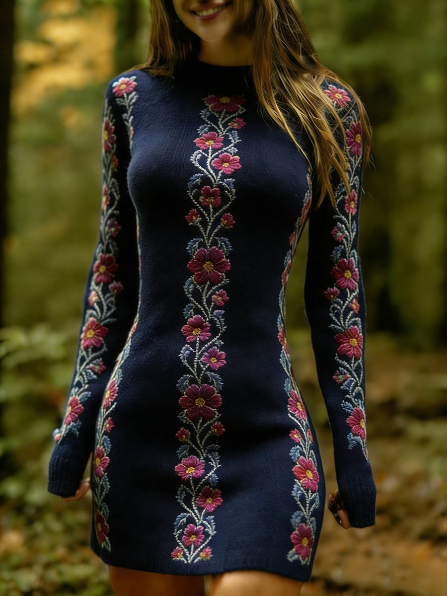 Estilo étnico Vintage impressão Floral feminino de malha vestido confortável e elegante