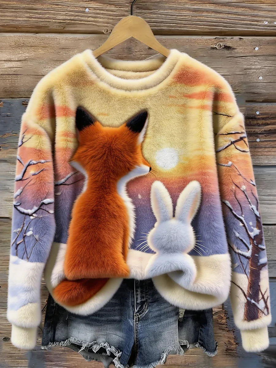Fox bonito das mulheres e coelho arte camisola pelúcia acolhedor