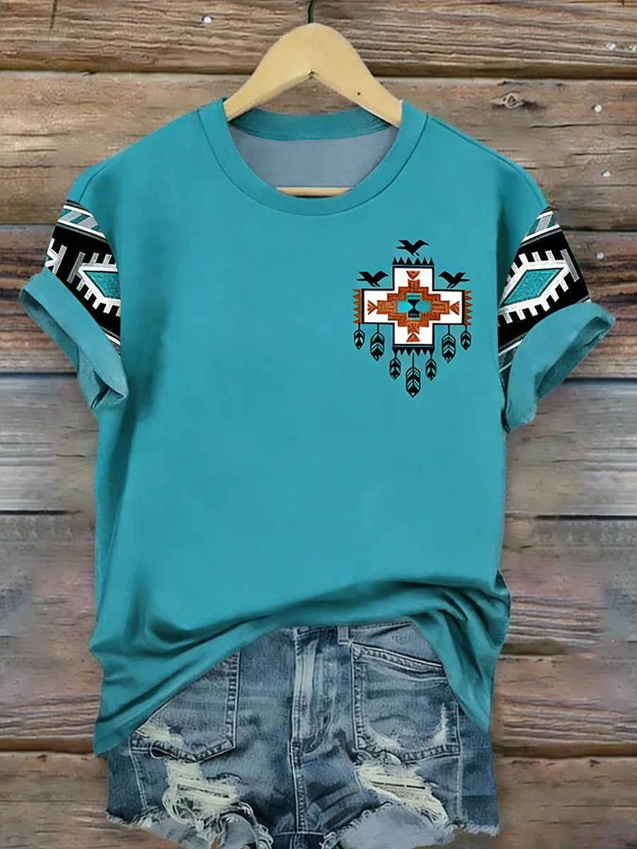 Vintage ocidental asteca impressão Casual manga curta t-shirt feminino
