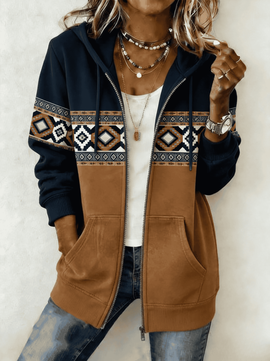 Hoodie de impressão ocidental feminino Zip-Up