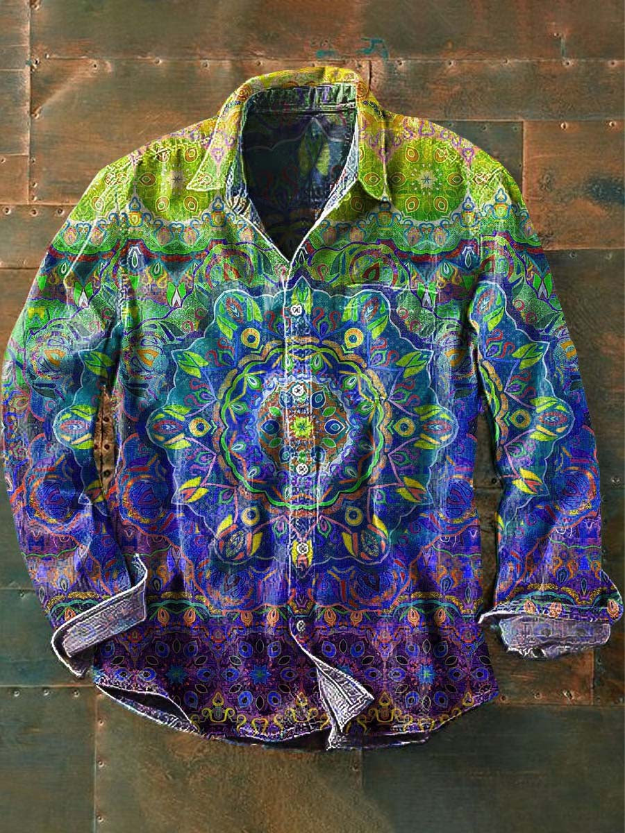 Mandala Vintage impressão Casual lapela camisa de manga longa masculina